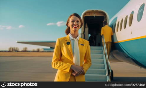 Smiling air hostess in yellow suit standing in front of airplane entrance under blue sky. Generative AI AIG21.