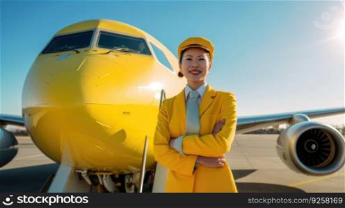 Smiling air hostess in yellow suit standing in front of airplane entrance under blue sky. Generative AI AIG21.