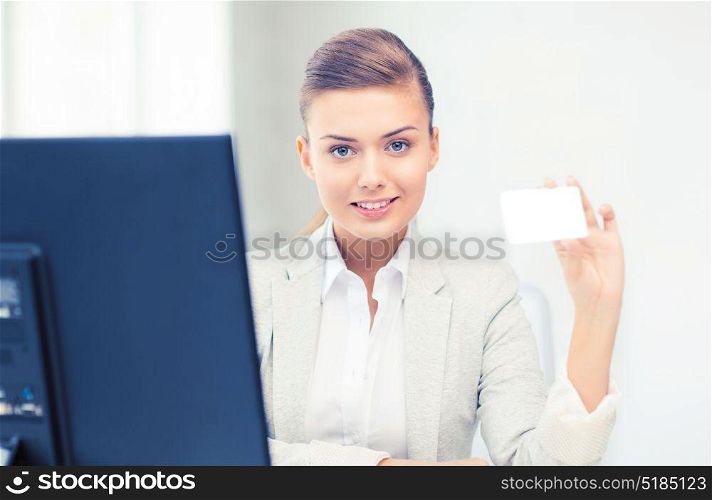 smiling and confident woman with blank business card. woman with blank business card