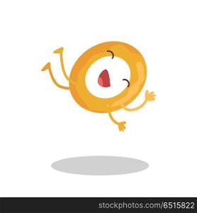 Smiling and dancing onion ring vector. Flat design. Funny cartoon of fast food dish. For restaurants menu illustrating, diet concepts, infigraphics. Fried light snack. Isolated on white background. Onion Ring Vector Illustration in Flat Design. Onion Ring Vector Illustration in Flat Design
