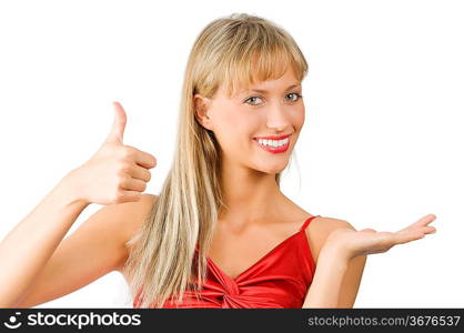 smiling and pretty girl presenting a product on white and doing sign like its good with hand
