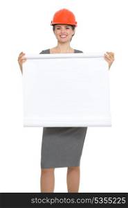 Smiling architect woman holding blank flipchart. HQ photo. Not oversharpened. Not oversaturated. Smiling architect woman holding blank flipchart isolated