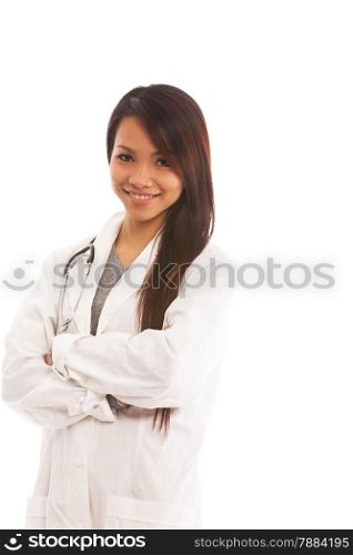 Smiling asian female doctor with crossed hands over white isolated background