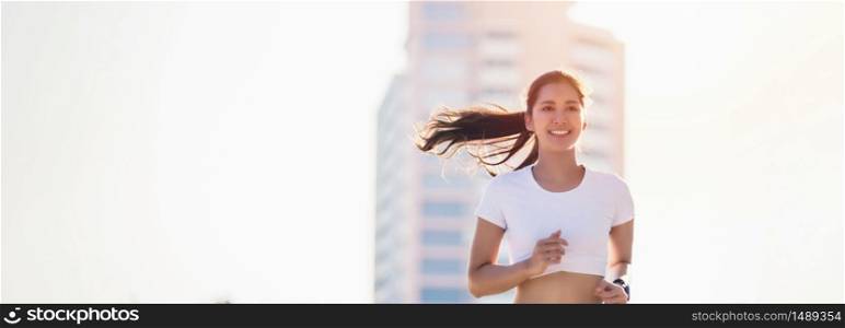 smiling Asian Young fitness sport woman running and Sportive people training in a urban area, healthy lifestyle and sport concepts
