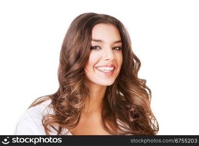 smiling attractive woman in white on white background