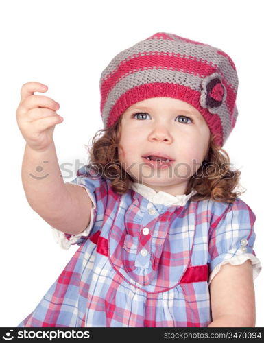 Smiling baby girl asking something isolated over white background