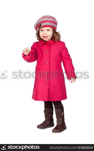 Smiling baby girl with pink coat isolated over white background