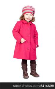 Smiling baby girl with pink coat isolated over white background