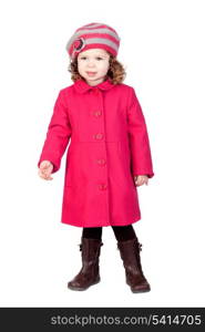 Smiling baby girl with pink coat isolated over white background