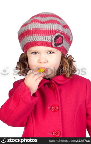 Smiling baby girl with wool cap isolated over white background