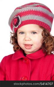 Smiling baby girl with wool cap isolated over white background