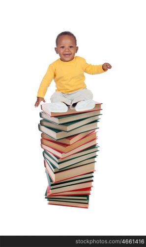 Smiling baby on a high tower books isolated on a white background