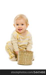 Smiling baby with basket on white background