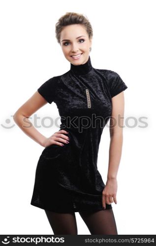 Smiling beautiful caucasian woman in the black dress