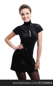 Smiling beautiful caucasian woman in the black dress
