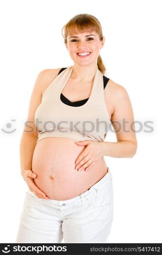 Smiling beautiful pregnant female holding her belly isolated on white background&#xA;