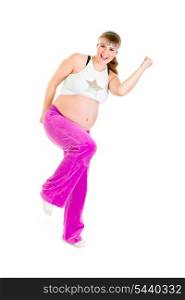 Smiling beautiful pregnant woman doing fitness exercises isolated on white&#xA;