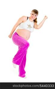 Smiling beautiful pregnant woman doing fitness exercises isolated on white&#xA;