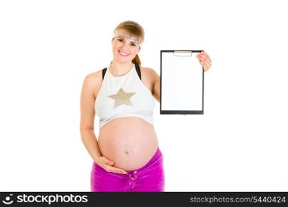 Smiling beautiful pregnant woman holding blank clipboard in hands isolated on white&#xA;