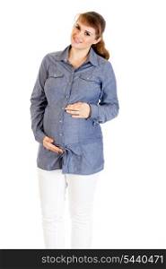 Smiling beautiful pregnant woman holding her belly isolated on white background&#xA;