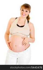 Smiling beautiful pregnant woman holding her belly isolated on white background&#xA;