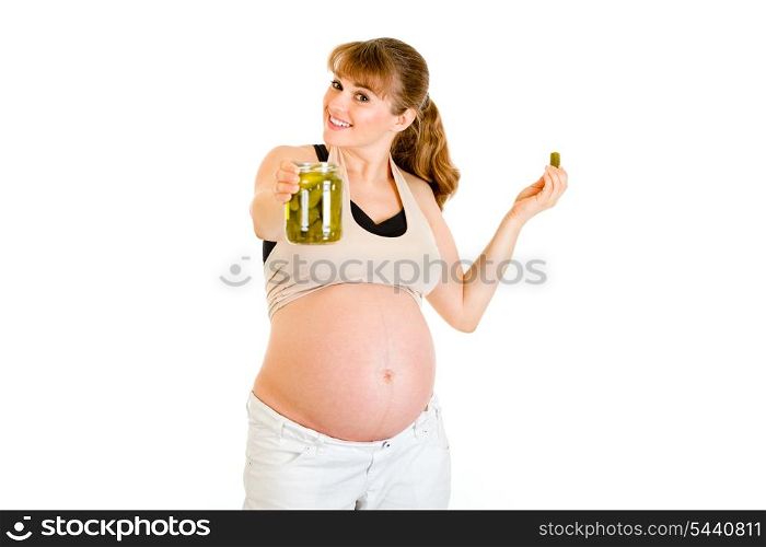 Smiling beautiful pregnant woman holding jar of cucumbers in hand isolated on white&#xA;