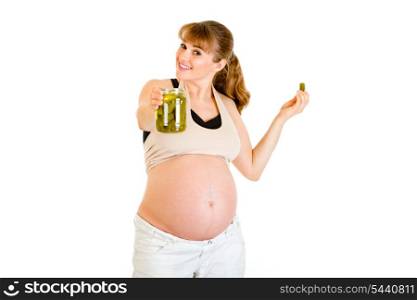 Smiling beautiful pregnant woman holding jar of cucumbers in hand isolated on white&#xA;