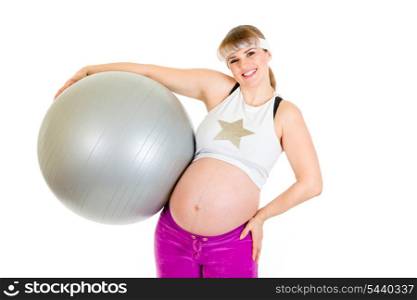 Smiling beautiful pregnant woman in sportswear holding fitness ball isolated on white &#xA;