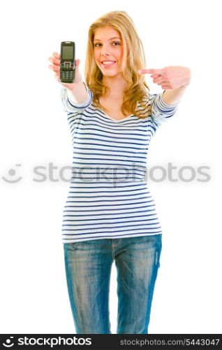 Smiling beautiful teen girl pointing finger on mobile&#xA;