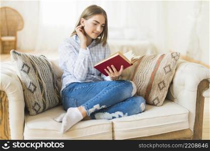 smiling beautiful woman reading story book