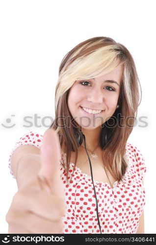 Smiling beautiful woman with thumbs up. Focus on the girl