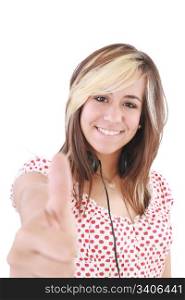 Smiling beautiful woman with thumbs up. Focus on the girl