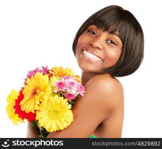 Smiling black girl with great beautiful bouquet isolated on white background, spring holiday, happiness concept&#xA;