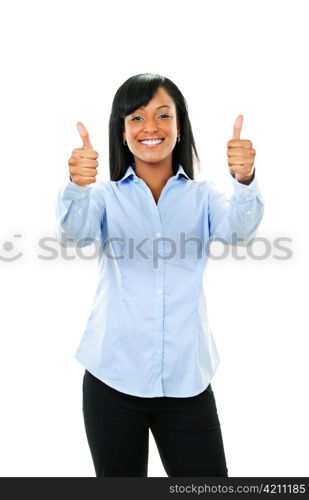 Smiling black woman gesturing thumbs up isolated on white background