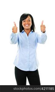 Smiling black woman gesturing thumbs up isolated on white background