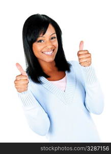 Smiling black woman giving thumbs up gesture isolated on white background