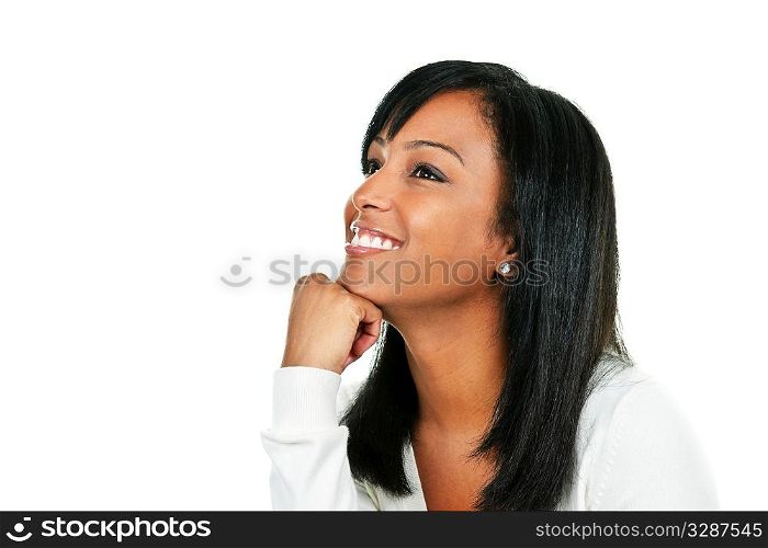 Smiling black woman looking up portrait isolated on white background