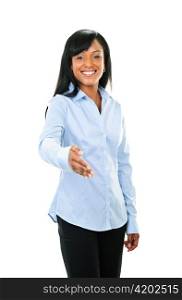 Smiling black woman offering hand for handshake isolated on white background