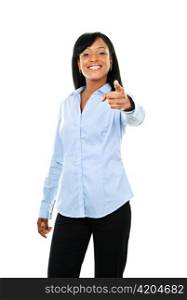 Smiling black woman pointing finger at camera isolated on white background