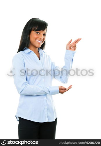 Smiling black woman pointing to the side isolated on white background