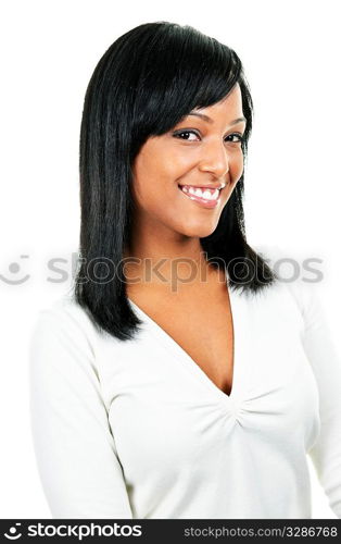 Smiling black woman portrait isolated on white background