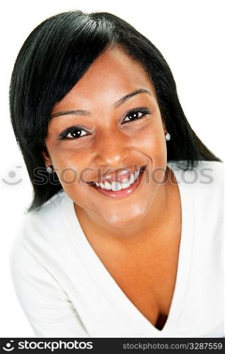 Smiling black woman portrait isolated on white background