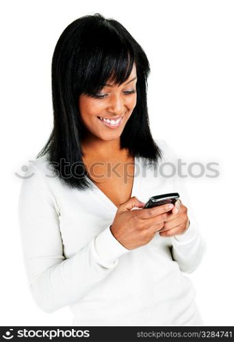 Smiling black woman texting on cell phone portrait isolated on white background