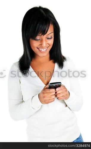 Smiling black woman texting on cell phone portrait isolated on white background
