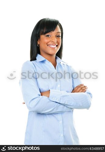 Smiling black woman with arms crossed isolated on white background