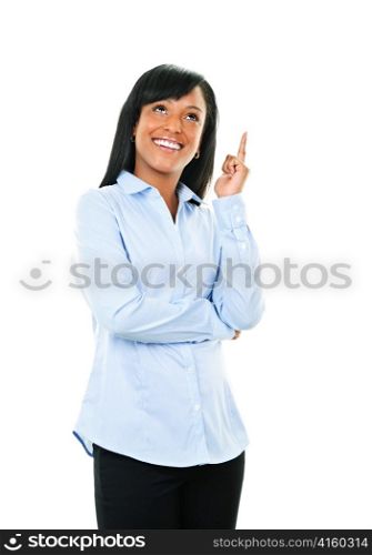 Smiling black woman with idea isolated on white background