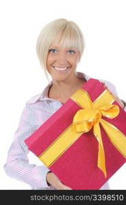 smiling blonde with a gift box. Isolated on white background