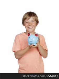 Smiling boy holding a blue piggy-bank isolated on a over white background