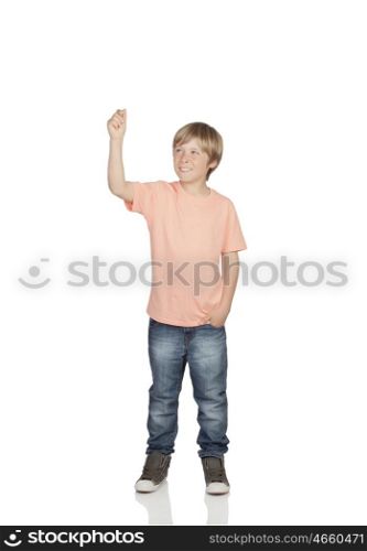 Smiling boy raising his arm holding something isolated on white background