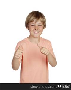 Smiling boy saying Ok isolated on a over white background